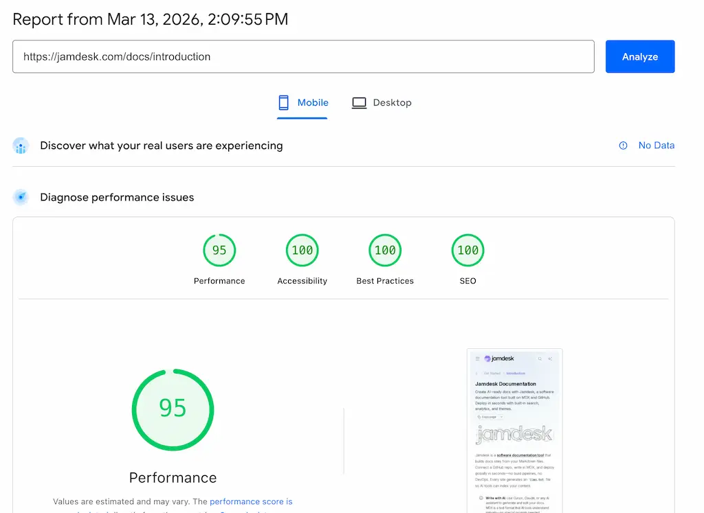 Jamdesk PageSpeed Result on Mobile