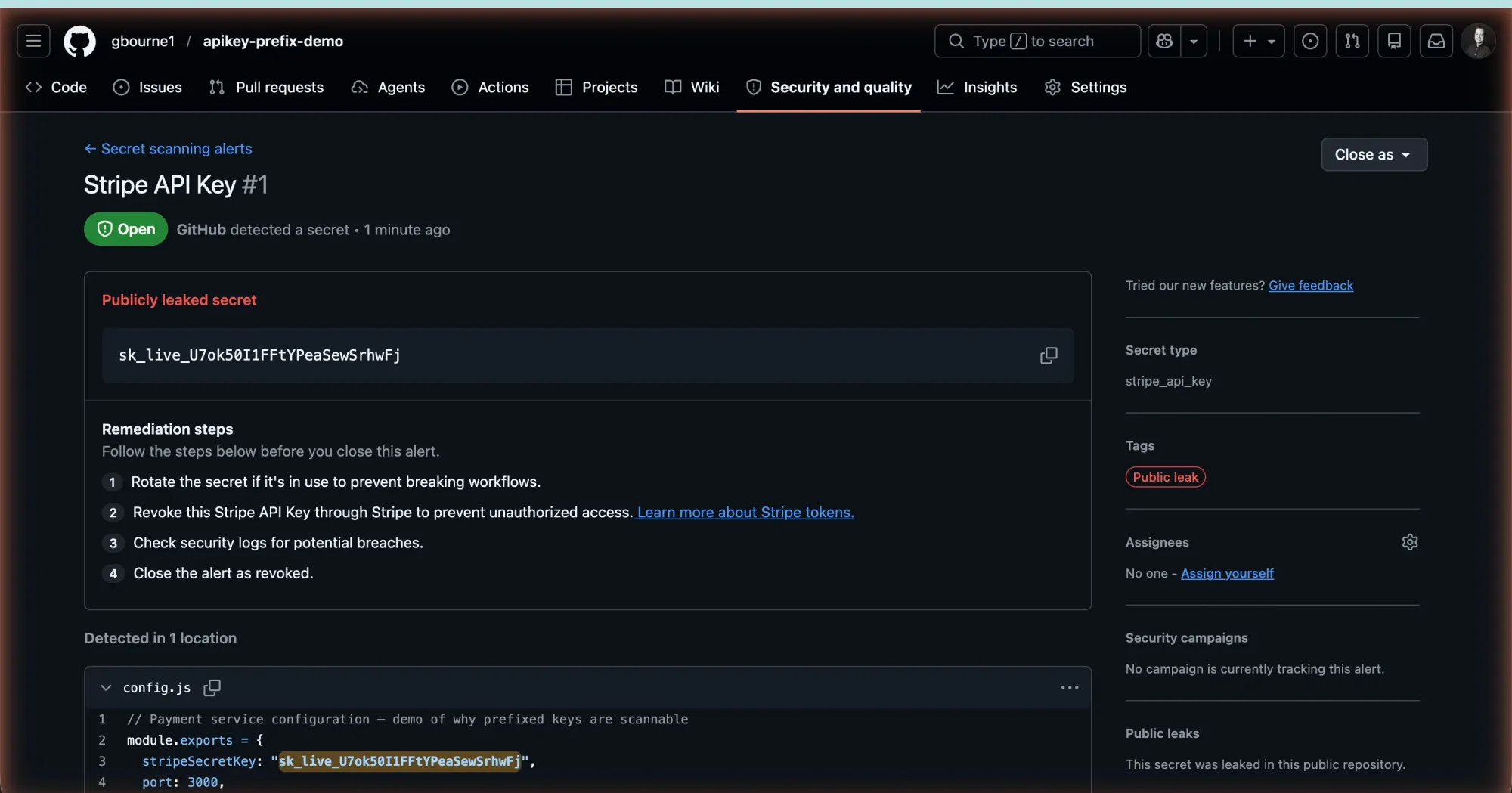 GitHub secret-scanning alert triggered by a prefixed API key in a public commit