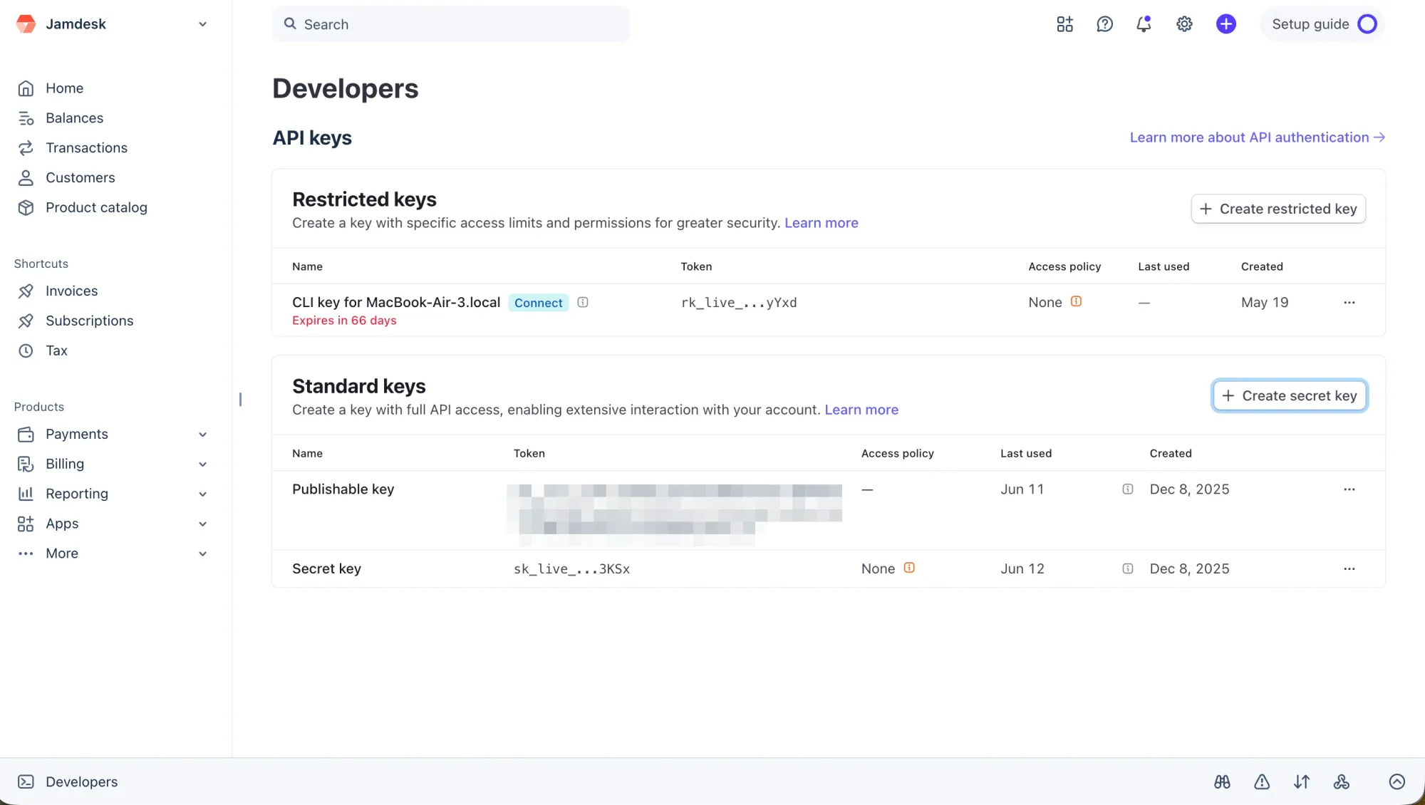 Stripe's API keys dashboard showing the prefix and last-4 hint for each key