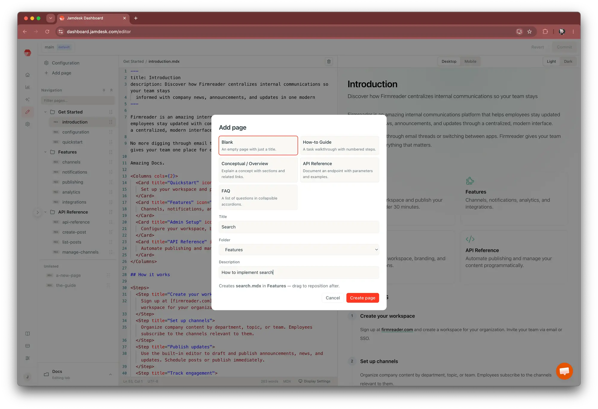 Add a page in the web editor