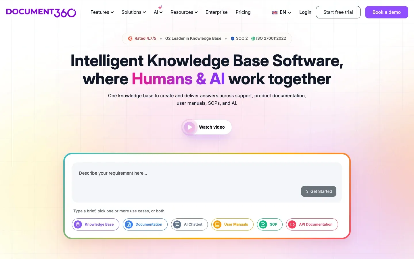 The Document360 homepage, headlined "Intelligent Knowledge Base Software, where Humans & AI work together", with a prompt box asking what you want to build
