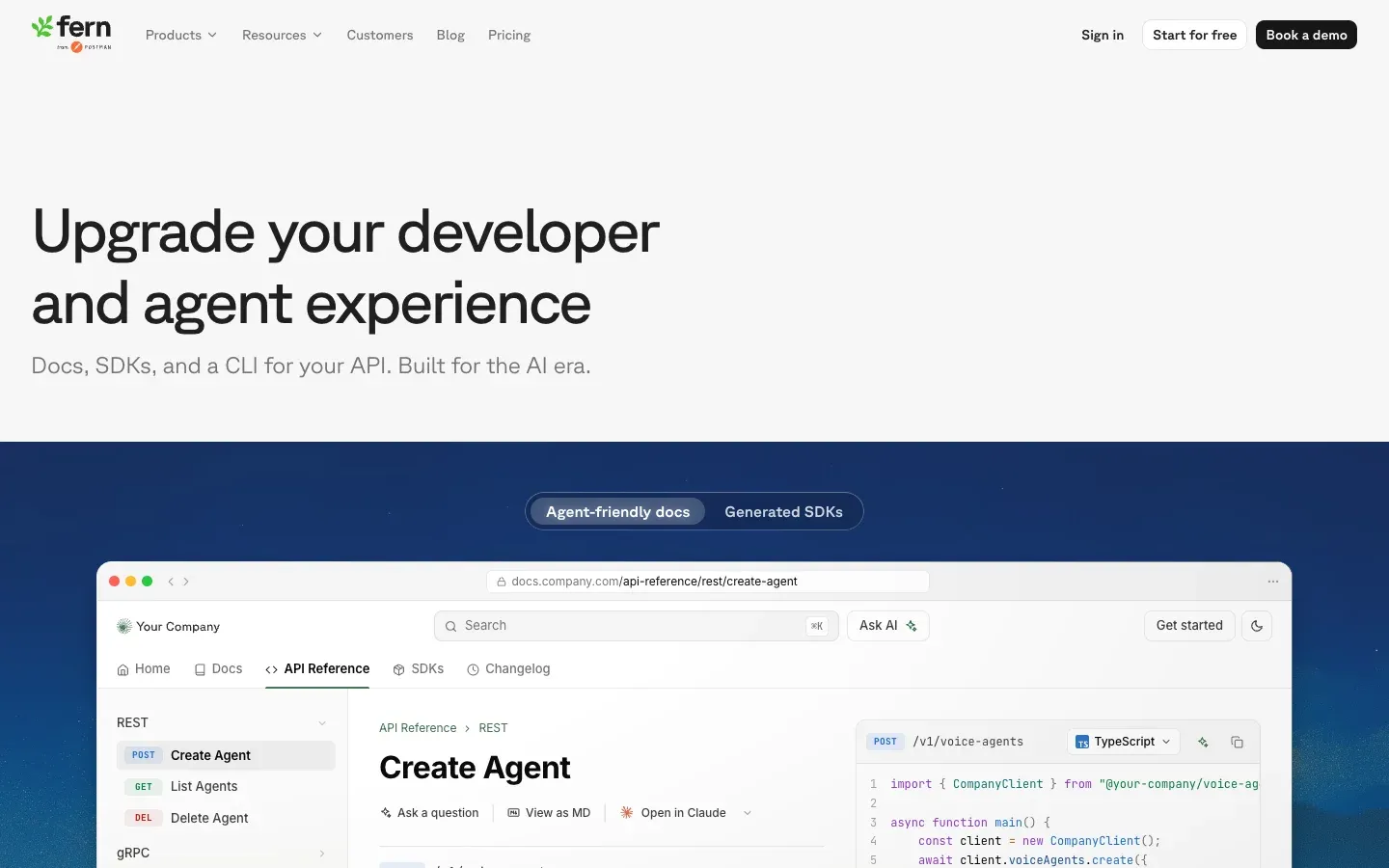 The Fern homepage, headlined "Upgrade your developer and agent experience", above a preview showing generated SDK code next to an API reference page