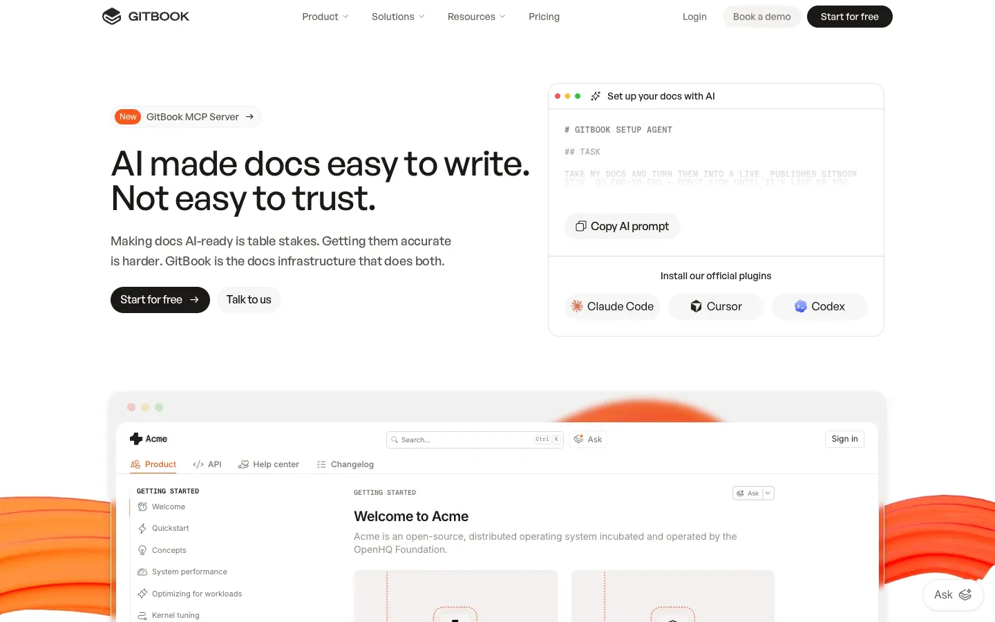 The GitBook homepage, headlined "AI made docs easy to write. Not easy to trust.", beside a panel offering to set up your docs with AI