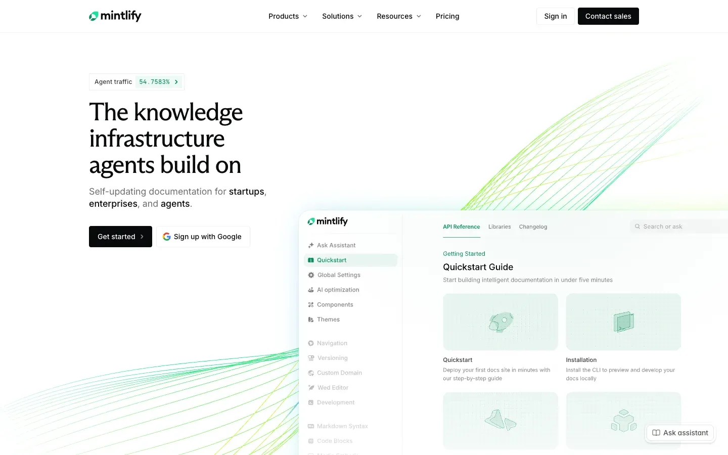 The Mintlify homepage, headlined "The knowledge infrastructure agents build on", beside a preview of its quickstart docs layout