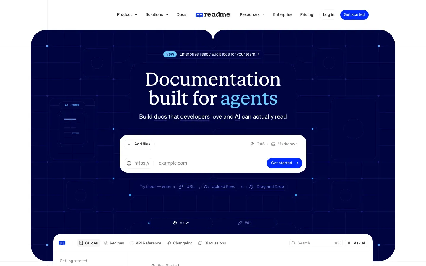 The ReadMe homepage on a dark navy hero, headlined "Documentation built for agents", with a box for uploading an API specification